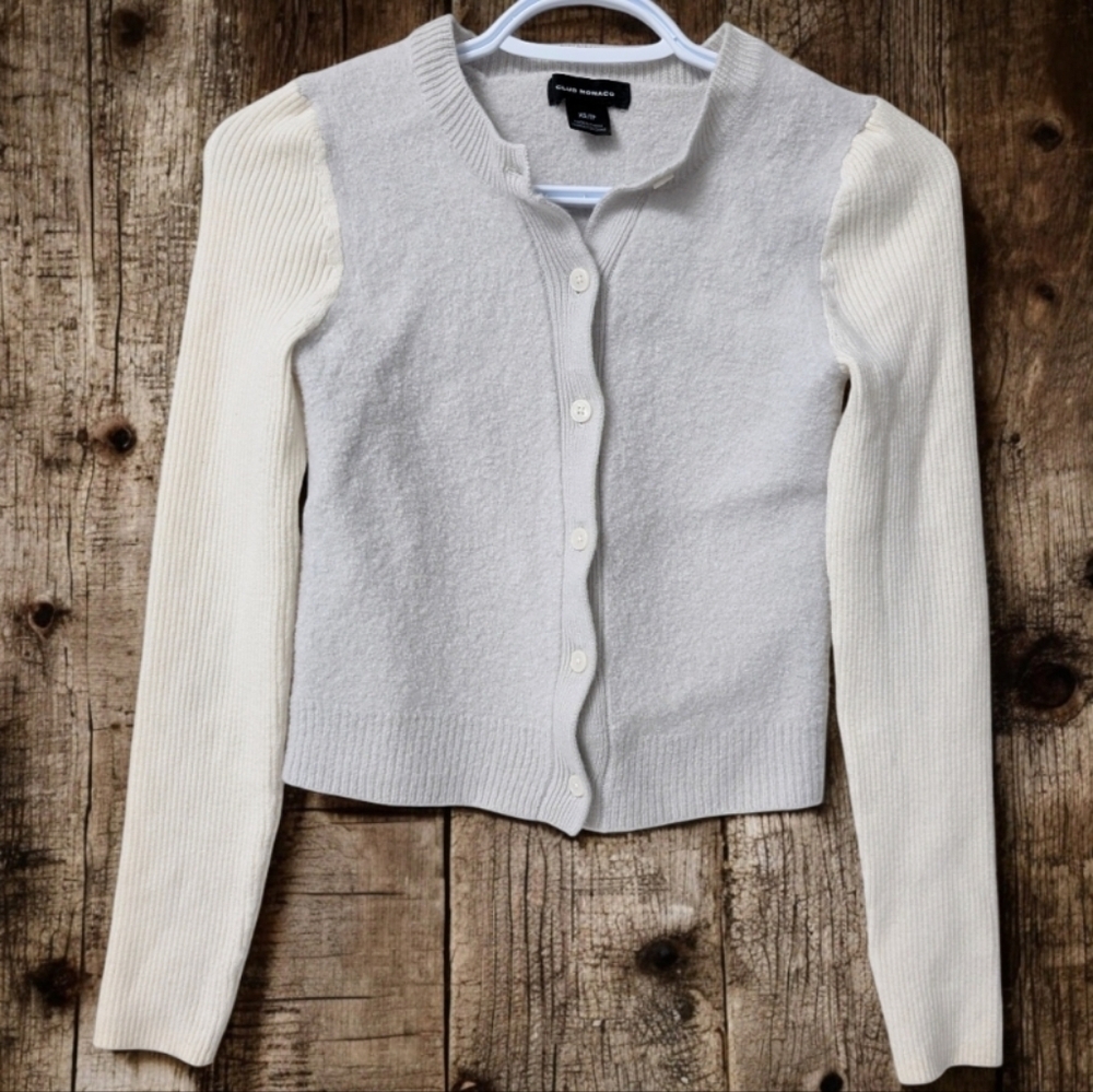 Club Monaco Boiled Wool Two Colour Crop Cardigan Sweater